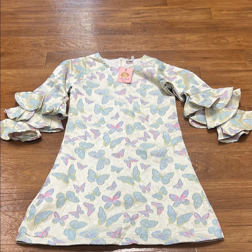 NWT Mia Belle Butterfly Print Kids Dress with Ruffled Sleeves